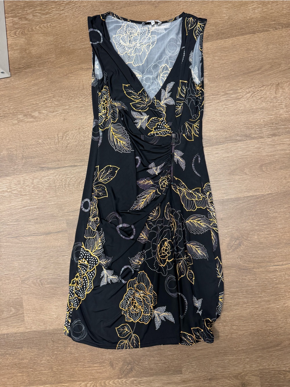 Sleeveless Black Floral Print Wrap-Style Dress